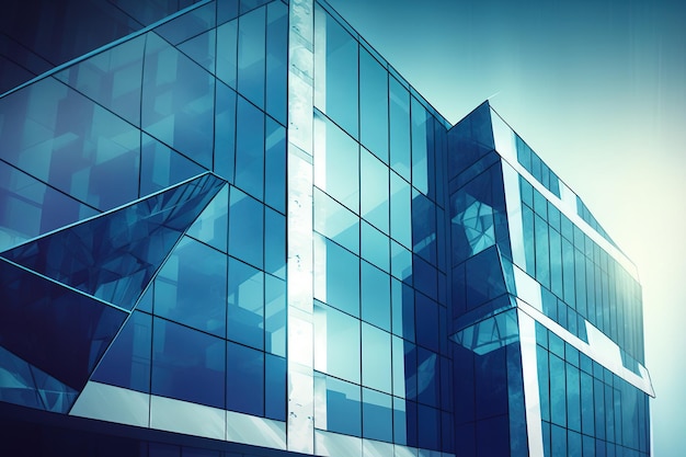 Vitrage structurel de Windows capturé dans une construction en acier et en verre à double exposition Un fragment extérieur d'immeuble de bureaux minimaliste Couleur bleue avec fond abstrait d'architecture moderne