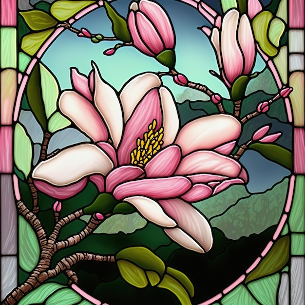 Vitrail avec fleurs de magnolia IA générative Non basé sur une scène ou un motif réel
