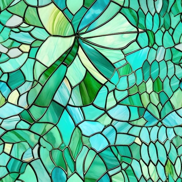 un vitrail avec un motif de feuille en vert et bleu