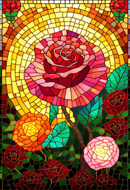 Un vitrail avec une rose au centre.