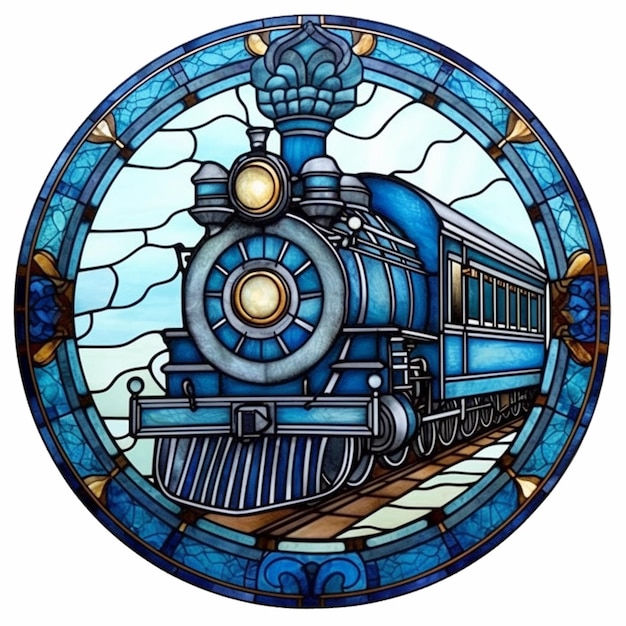 Un vitrail avec un train bleu dessus.