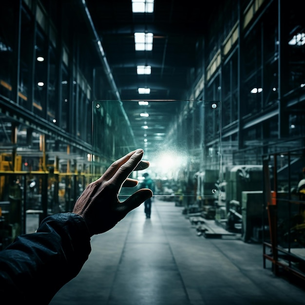 Le vitrier qui porte du verre dans une usine de verre