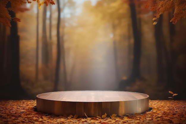 Vitrine d'automne en bois naturel et feuillage d'automne AI