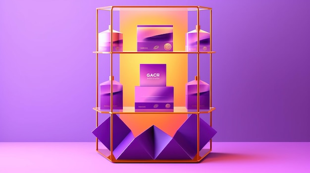 Une vitrine avec des boîtes violettes et orange qui disent sau.