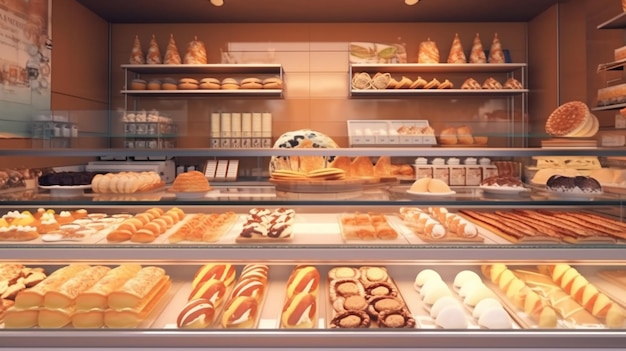 Photo vitrine de boulangerie avec de délicieuses pâtisseries fraîches petits pains pain long pain et gâteaux générés par l'ia