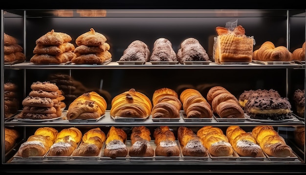 vitrine de boulangerie avec du pain et des pâtisseries