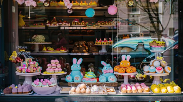 Une vitrine de boulangerie à thème de Pâques