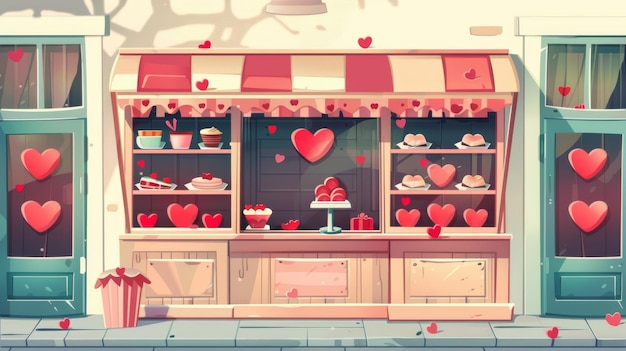 La vitrine de cette conception est décorée de desserts sucrés et de cœurs romantiques rouges. L'illustration est une illustration moderne de dessin animé d'une armoire de magasin en bois avec des étagères et une canopée pour un
