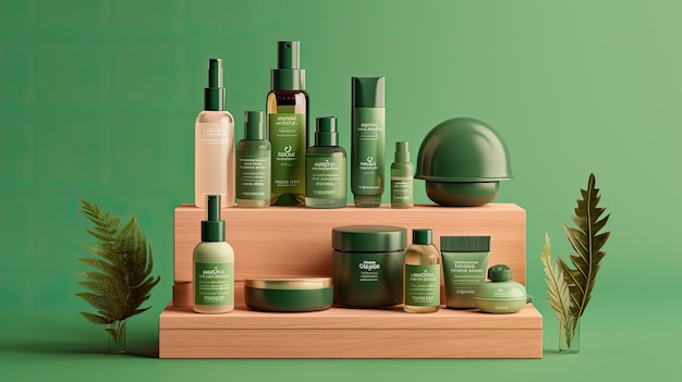 Vitrine cosmétique avec un podium en bois photo réaliste