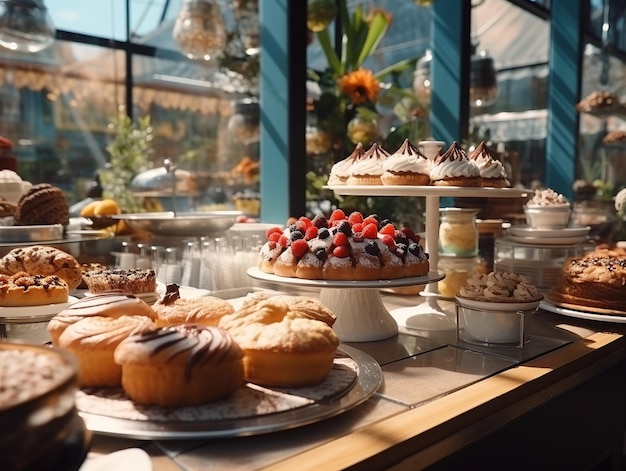 Vitrine avec divers gâteaux dans une pâtisserie