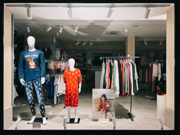 Photo vitrine éclairée avec des pyjamas pour adultes et enfants