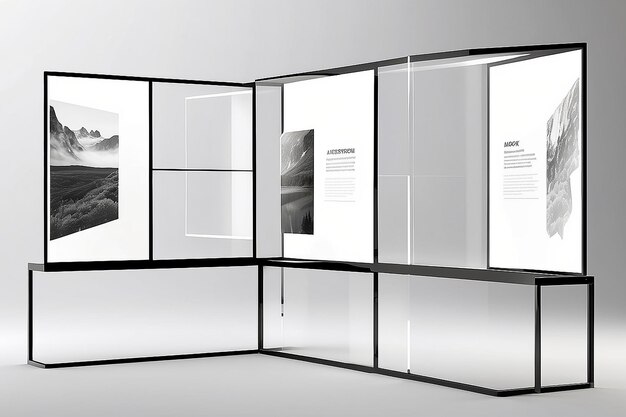 une vitrine avec un fond blanc avec une image en noir et blanc d'un livre appelé holga