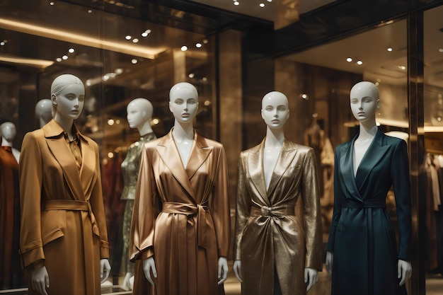 Vitrine de magasin de luxe avec mannequins dans l'intérieur du magasin de créateurs de vêtements de marque