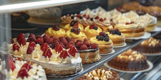 Vitrine d'une pâtisserie avec différents gâteaux