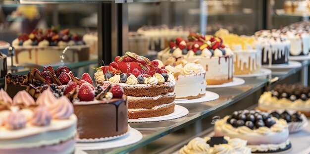 Vitrine d'une pâtisserie avec différents gâteaux