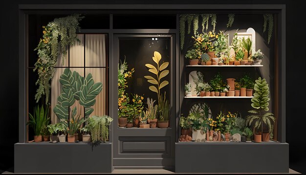 Une vitrine avec des plantes