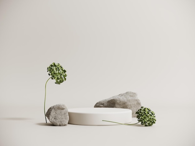 Vitrine de podium en pierre avec des fleurs d'hortensia vertes rendu en 3D