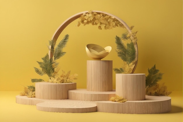 Vitrine de produits Podium en bois sur support 3D sur fond jaune avec des feuilles