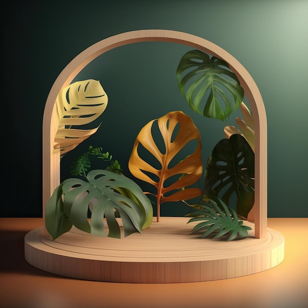 Vitrine de table en bois vide avec décoration de feuilles de monstera avec ai générative