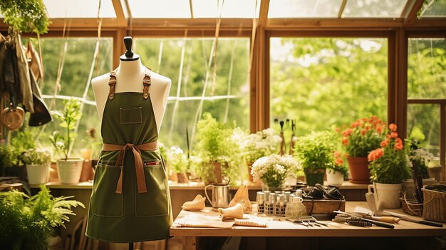 une vitrine avec un tablier vert est accrochée à un cintre