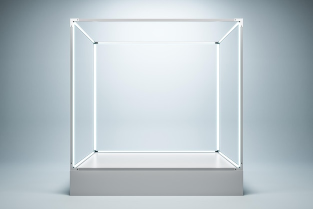 Photo vitrine en verre illuminée vide avec place maquette sur fond de mur blanc rendu 3d