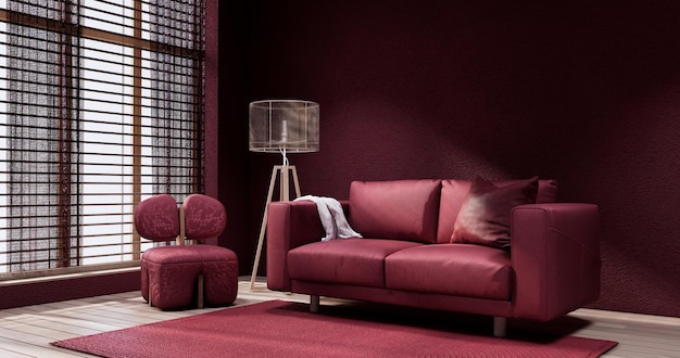 Viva magenta Salon avec mur rouge et fauteuil style japandi