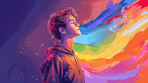 Vive vague d'arc-en-ciel et portrait de profil de garçon dans une œuvre d'art surréaliste et colorée