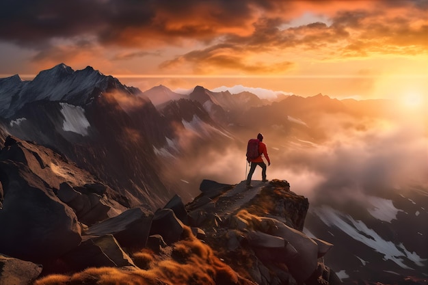 Vivez le frisson de l'aventure avec cette photo à couper le souffle d'un randonneur solitaire conquérant un sommet de montagne accidenté au coucher du soleil Generative ai
