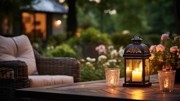 Vivre confortablement en plein air Vivre dans un coin du jardin à l'extérieur de la maison Soirée d'été sur le patio ou la terrasse