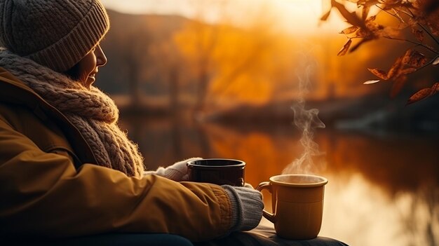 Photo vivre des moments de tranquillité un couple asiatique savourant le bonheur du camping au milieu de la beauté de la nature avec des tasses