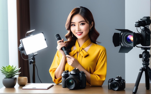 Une vloggeuse de beauté asiatique ou une blogueuse enregistrant du maquillage
