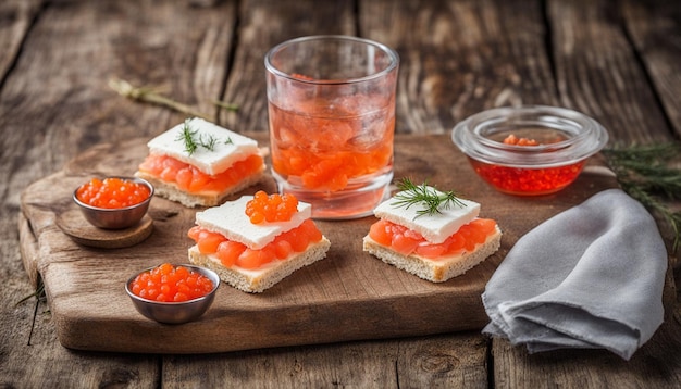 Photo vodka russe froide avec de la glace et de petites collations sandwiches avec du beurre et du saumon rouge