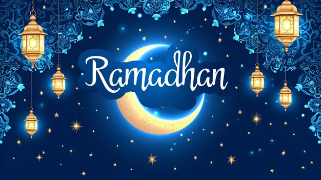 Des vœux de Ramadan sur un fond bleu avec des lanternes arabes et une lune