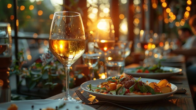 Voici une image d'une table de restaurant disposée avec de la vaisselle et des verres à vin montrant le concept d'hospitalité, de restauration et de restauration. L'image est orientée horizontalement avec un espace pour le texte.