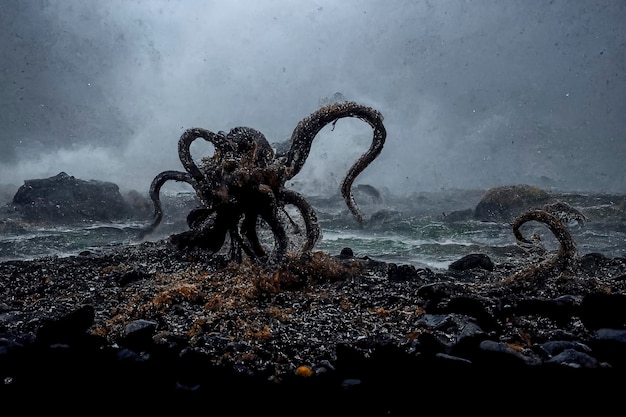 Voici le puissant Cthulhu : une photo à couper le souffle d'une pieuvre géante émergeant des eaux glacées d'Islande, parfaite pour les conceptions de fantaisie, d'horreur et d'aventure, créée avec la technologie d'IA générative