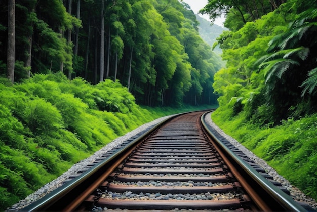 La voie du train traverse une forêt luxuriante baignée de lumière du jour.