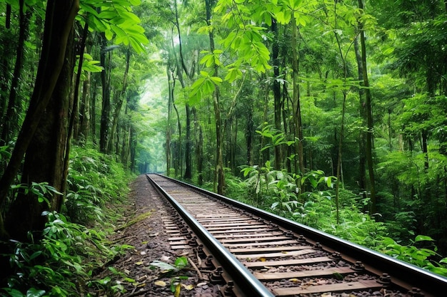 une voie ferrée au milieu d'une forêt avec une forêt en arrière-plan