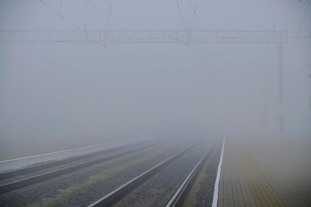 Voie ferrée disparaissant dans le brouillardRails entrant dans le brouillard météo atmosphérique