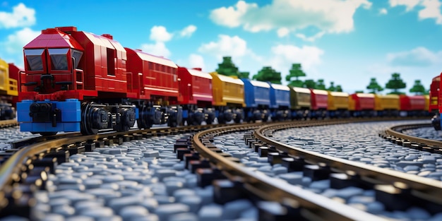 Voie ferrée LEGO avec une chaîne de trains de conteneurs soulignant l'importance du transport ferroviaire dans le mouvement des marchandises et du commerce sur de vastes distances AI Generative AI