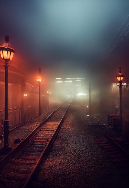Une voie ferrée avec des lumières allumées et un panneau indiquant "le dernier train" dessus