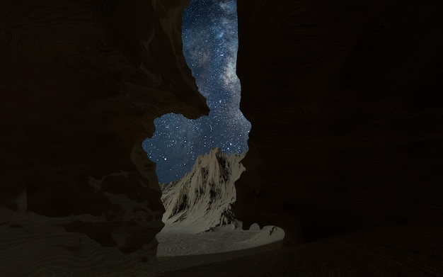 Photo voie lactée dans l'étroite gorge rocheuse paysage de la vallée rendu 3d dessin numérique par ordinateur