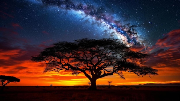 voie lactée avec des étoiles silhouette arbre en Afrique avec le lever du soleil arbre silhouetté contre un coucher du soleil