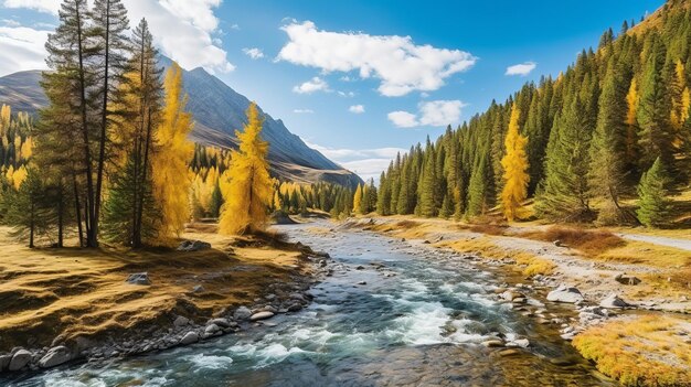 Voie navigable de montagne et forêt au moment de la récolte Ressource créative générée par l'IA