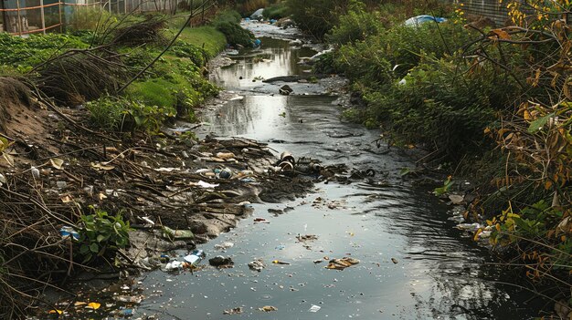 Photo une voie navigable polluée par le ruissellement industriel et les eaux usées posant des risques pour la santé des communautés et des écosystèmes en aval