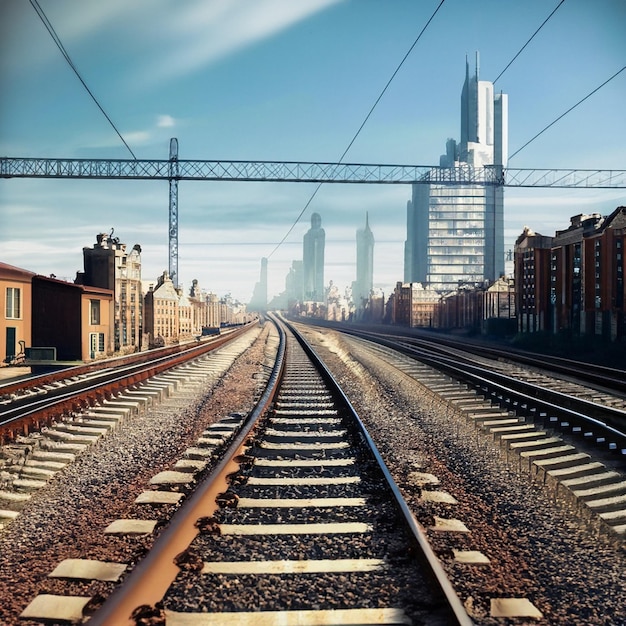 une voie de train avec un train à gauche et un train à droite