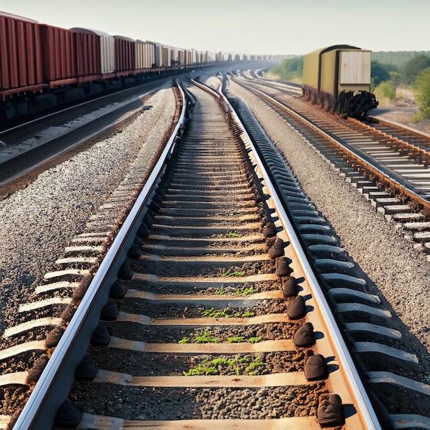 une voie de train avec un train à gauche et un train à droite