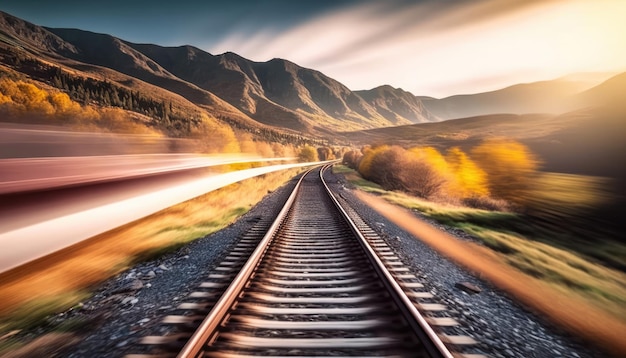 Voies ferrées dans les montagnes avec un coucher de soleil en arrière-plan