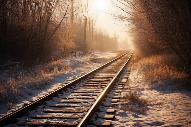 Voies ferrées dans la neige avec le soleil qui brille dessus