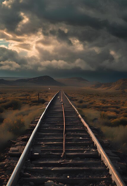 Des voies ferrées dans une vaste prairie avec un ciel nuageux