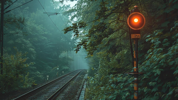 Les voies ferrées s'étendent dans la distance entourées d'une forêt dense les arbres sont hauts et verts et les feuilles sont épaisses